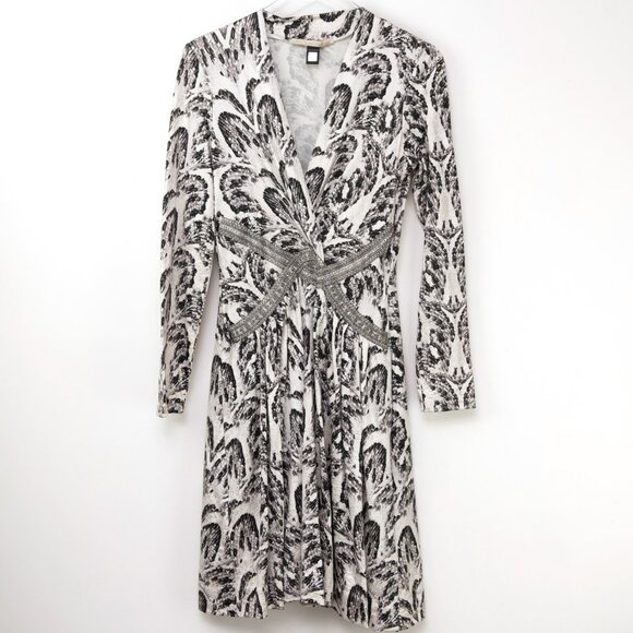 Roberto Cavalli Long Sleeve Print Dress Beaded Black Off White Metallic Gold 12